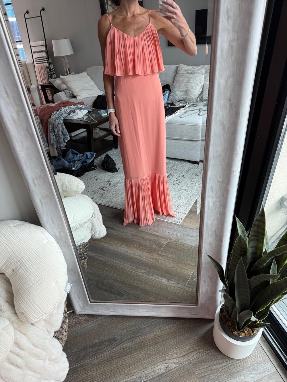 Women's Coral Flowy Maxi Dress - Sleeveless Ruffle Detail